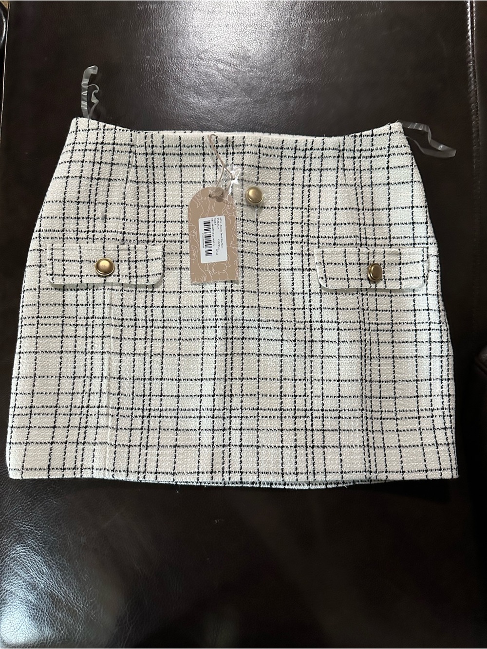 Cream Plaid Tweed Mini Skirt with Gold Buttons